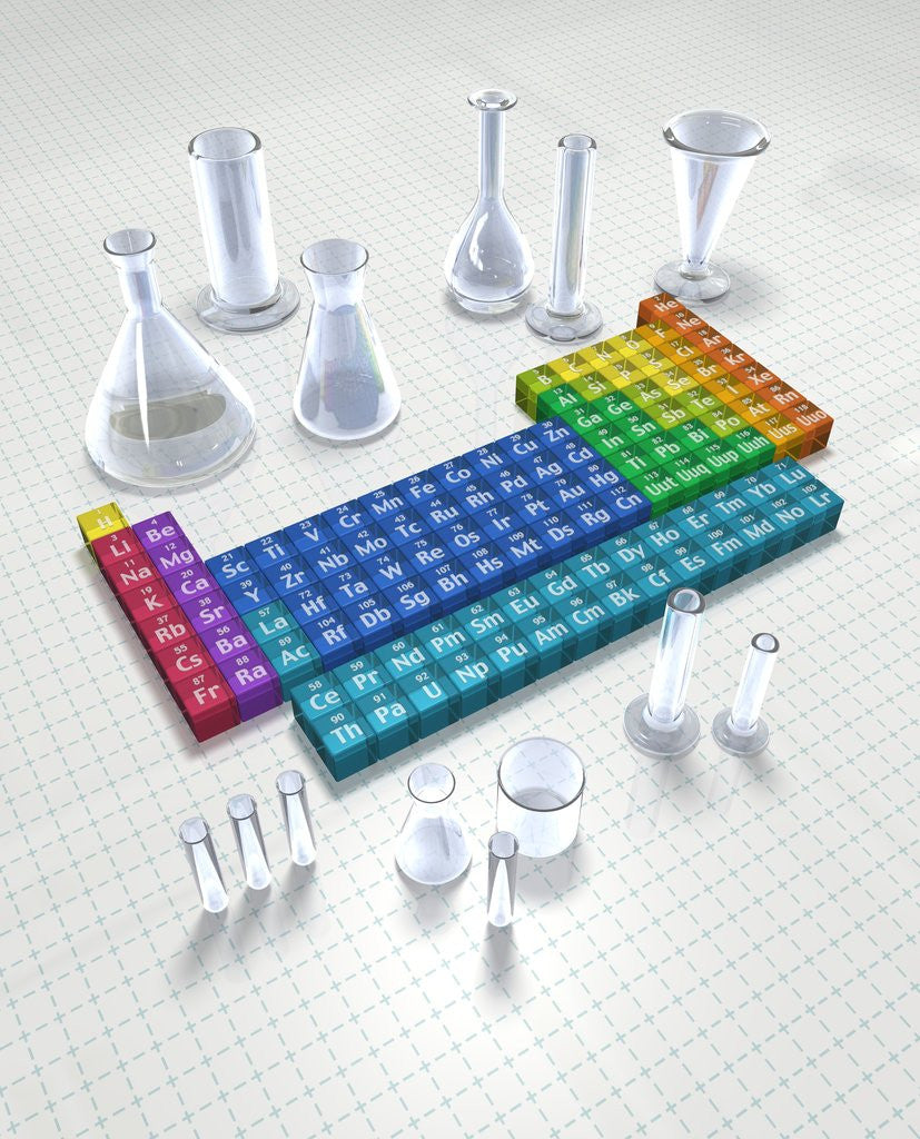 Detail of Periodic table of the elements with glassware by Anonymous