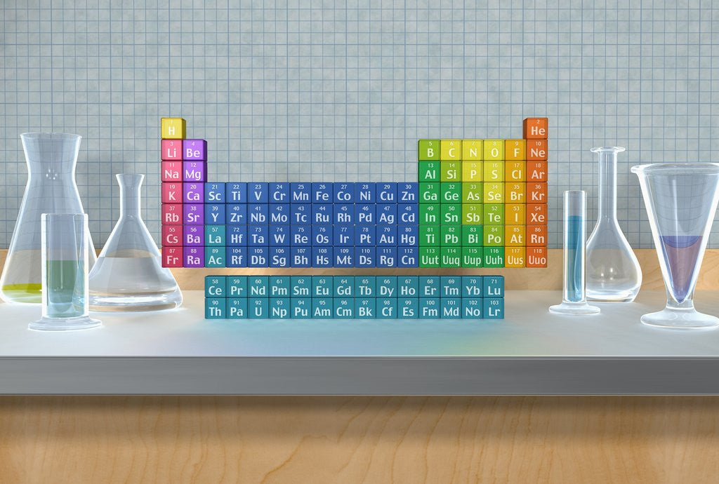 Detail of Periodic table of the elements with glassware by Anonymous
