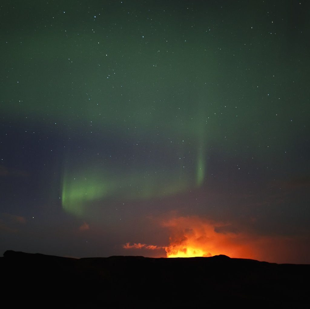 Detail of Aurora Borealis over eruption at Eyjafjallajokull glacier by Anonymous
