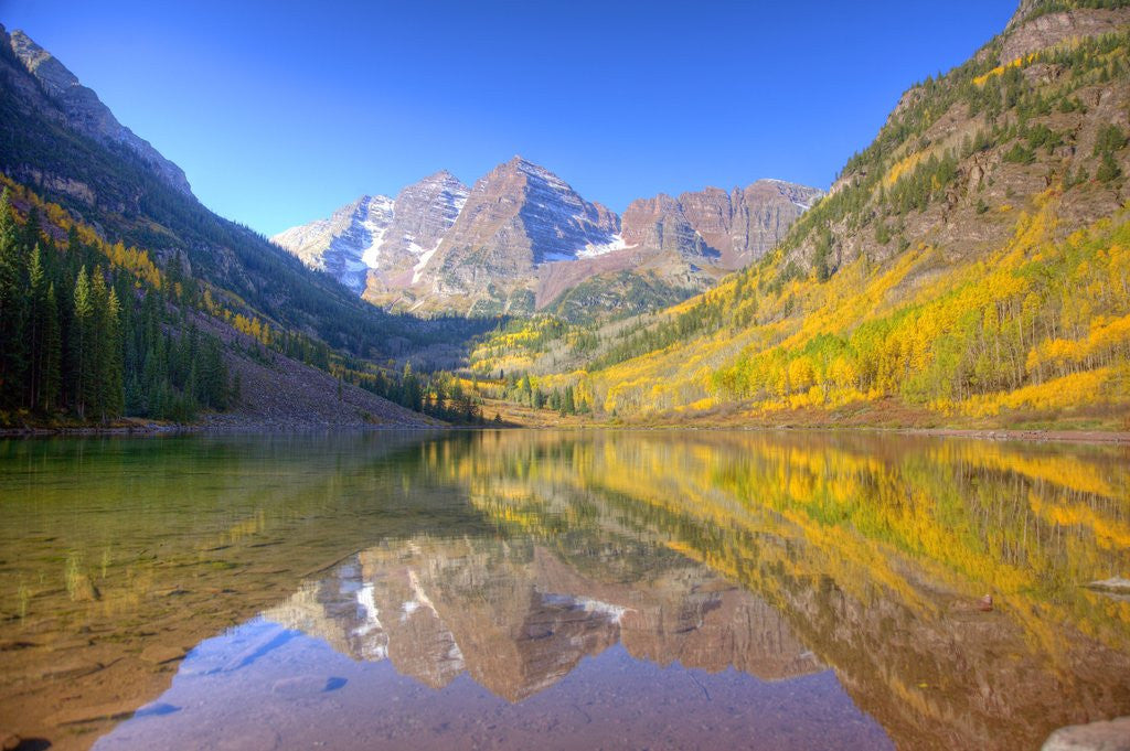 Detail of Maroon Bells with changing aspen leaves, Aspen, Colorado by Corbis
