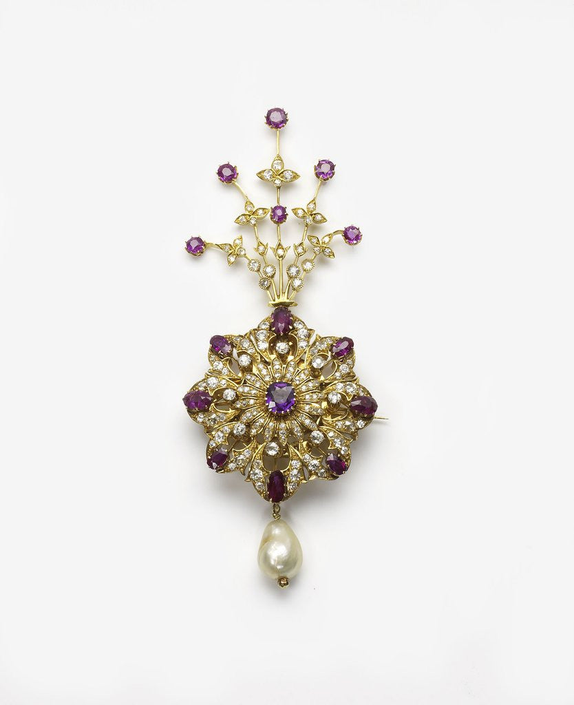 Detail of Spinel and diamond sarpesh with a natural pearl drop by Anonymous