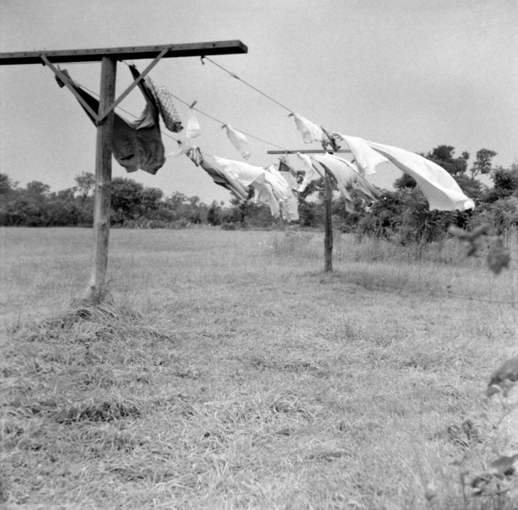 Detail of Clothes dry on a wooden line, ca. 1930. by Anonymous