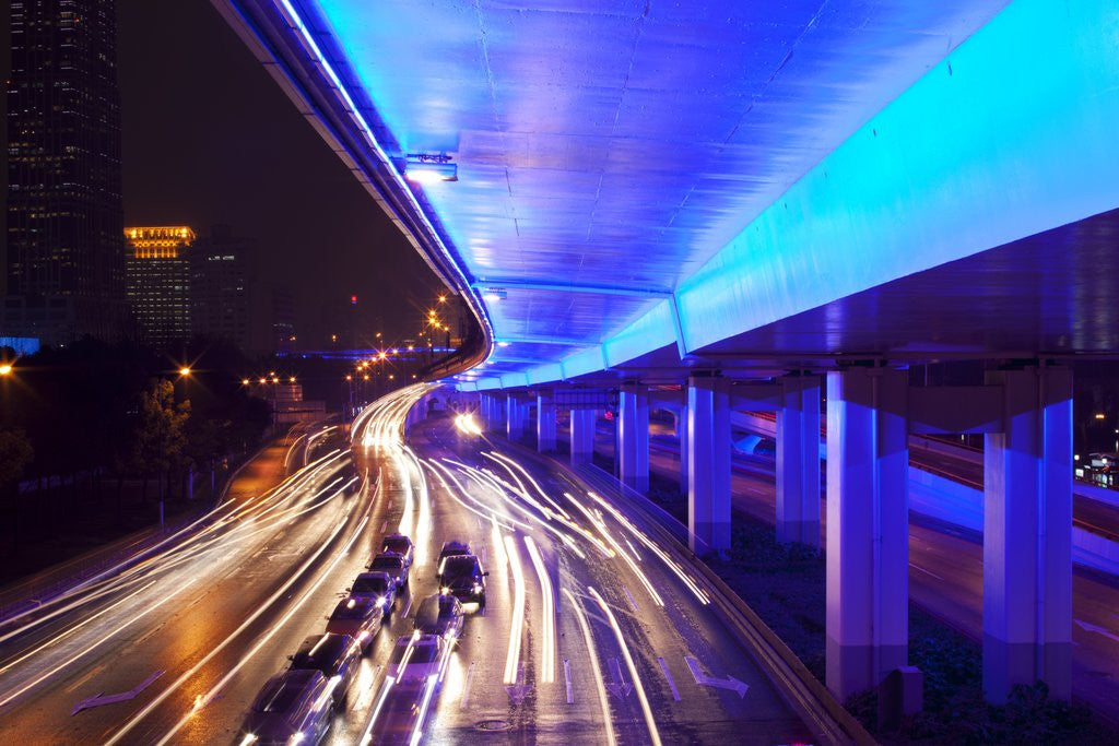 Detail of Traffic beneath neon-lit elevated road by Anonymous