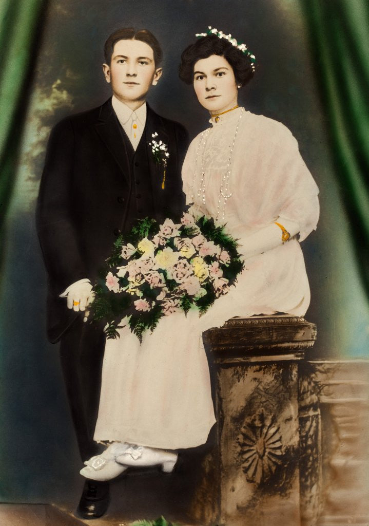 Detail of Husband and wife in a colorized portrait, ca. 1919 by Anonymous