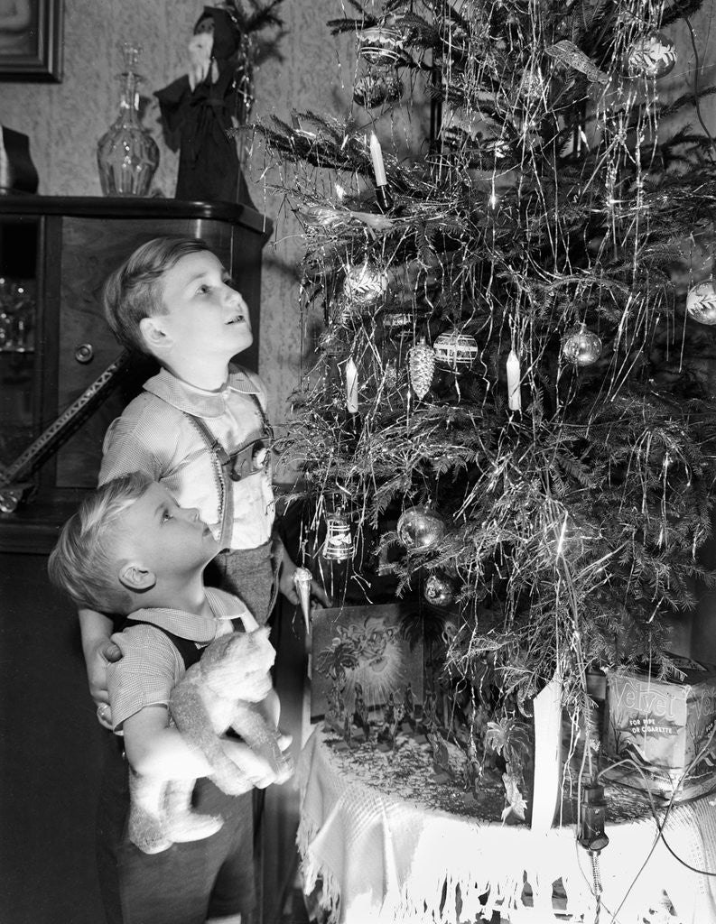 Detail of Two brothers look at a Christmas tree in their living room in Germany, ca. 1949 by Anonymous