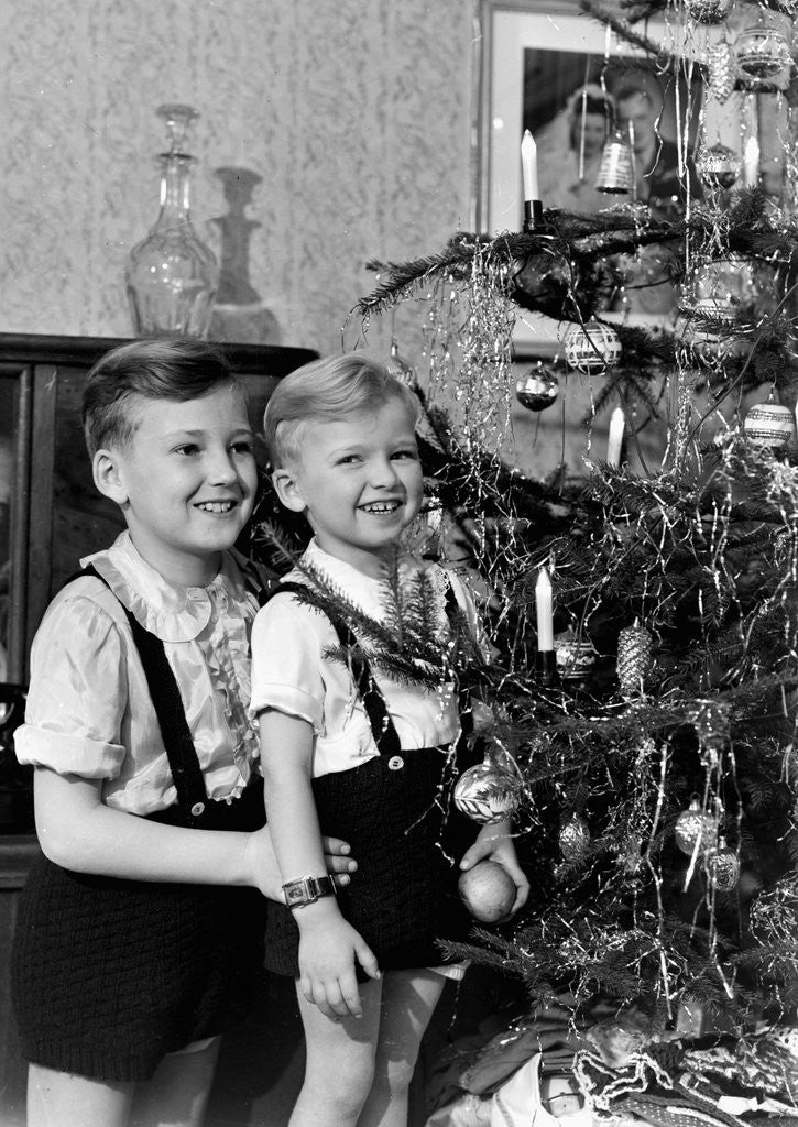 Detail of Two brothers look at a Christmas tree in their living room in Germany, ca. 1949 by Anonymous