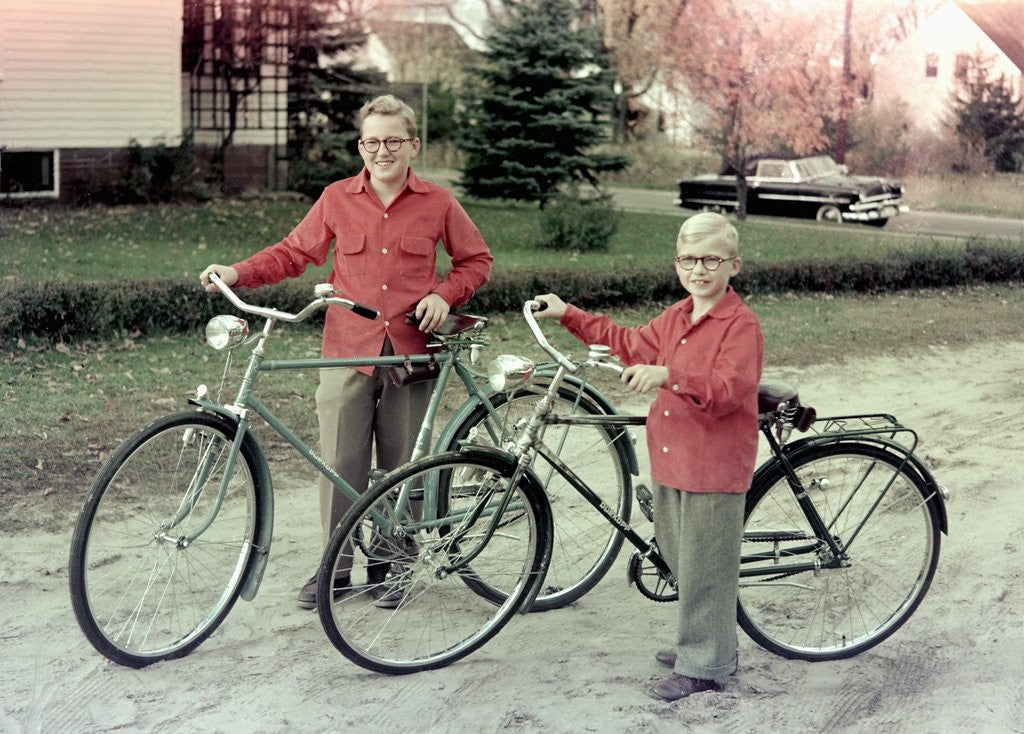 Detail of Two brothers stand with their new bikes in Wisconsin, ca. 1953 by Anonymous