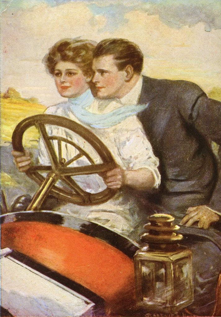Detail of Vintage postcard of couple driving by Corbis
