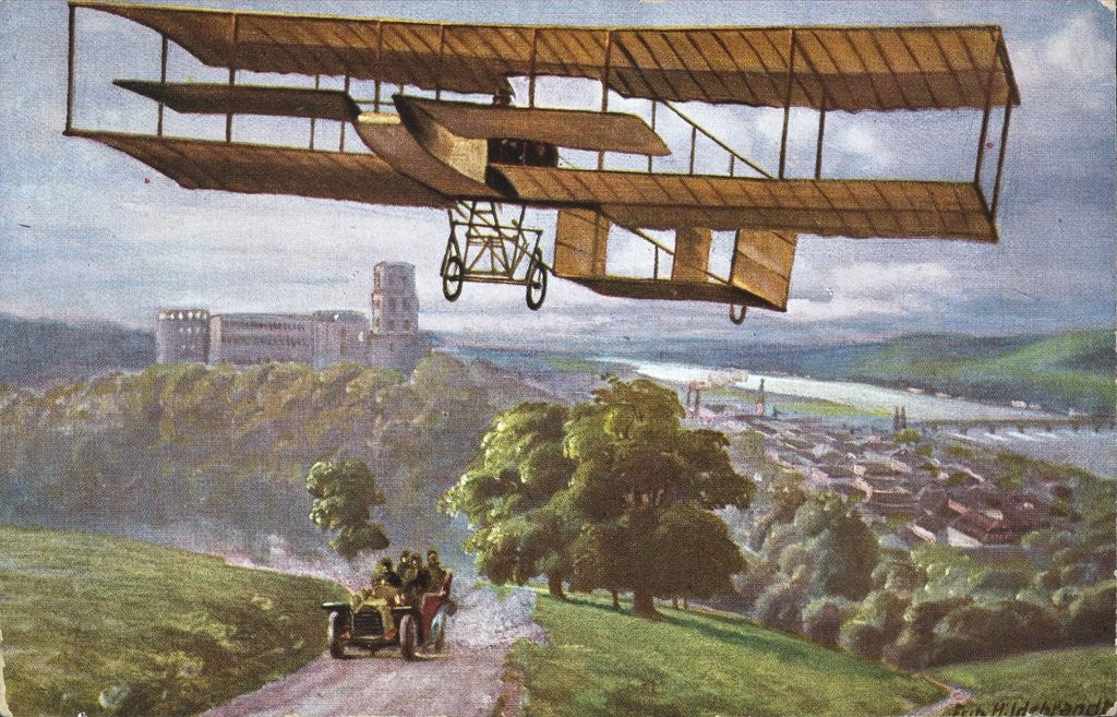 Detail of Biplane flying over French countryside by Anonymous
