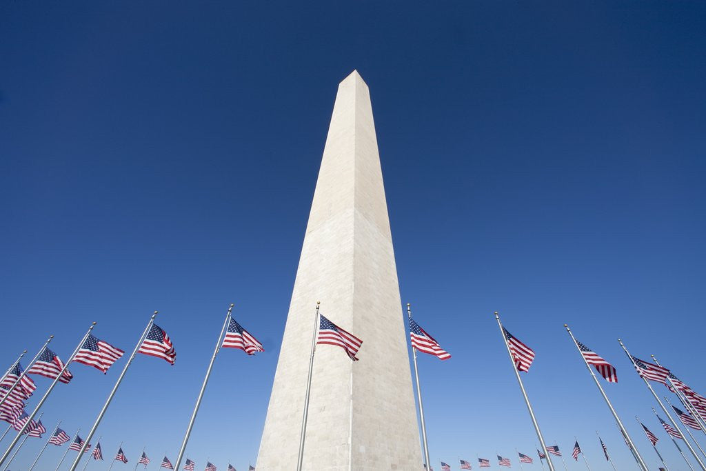 Detail of Washington Monument surrounded by American flags