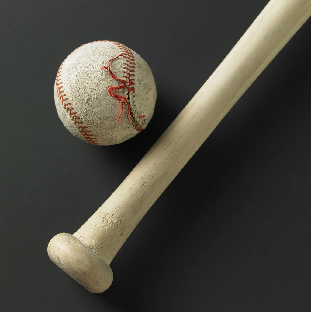 Detail of A bat and an old ball with its stich ripped by Anonymous