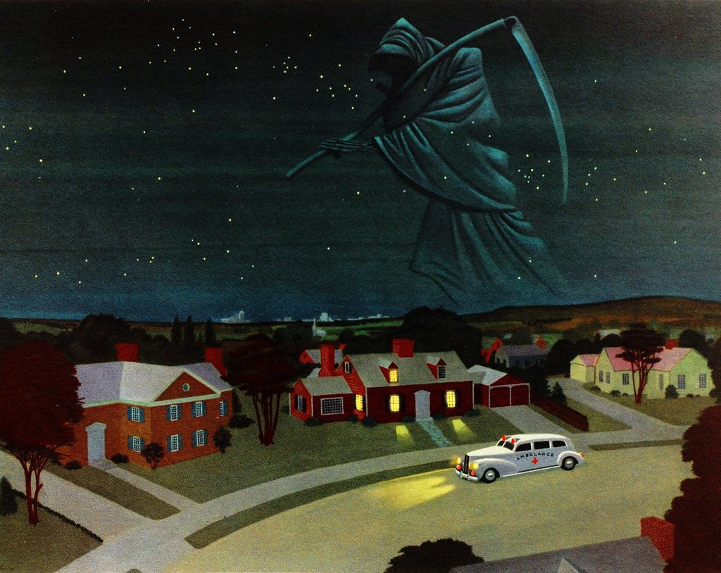 Detail of Death looming over suburban house by Anonymous