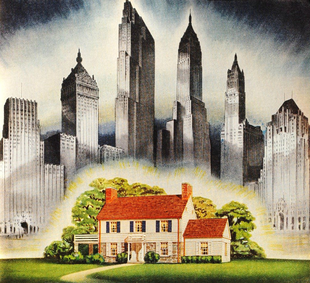 Detail of Suburban home constrasted with skyscrapers by Anonymous