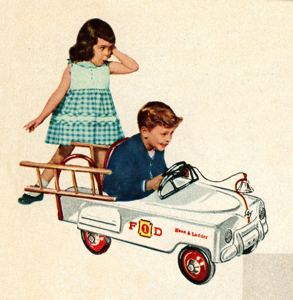 Detail of Children playing with toy fire engine by Anonymous