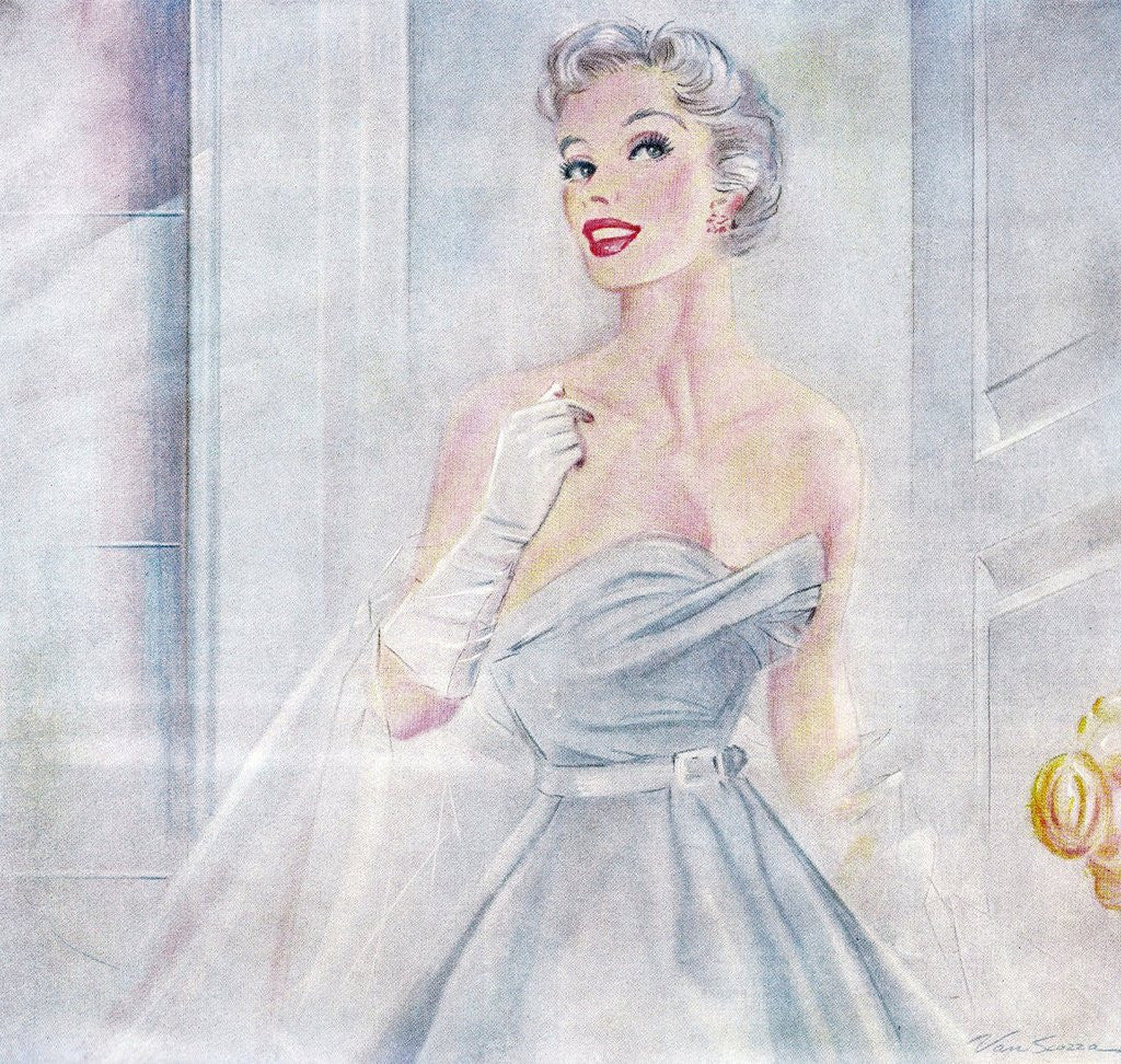 Detail of Woman wearing strapless gown and evening gloves by Anonymous