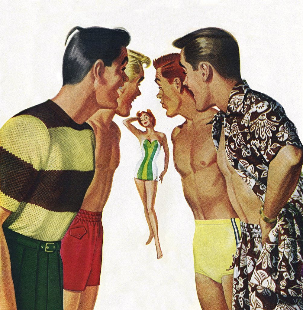 Detail of Young men admiring woman in bathing suit by Anonymous
