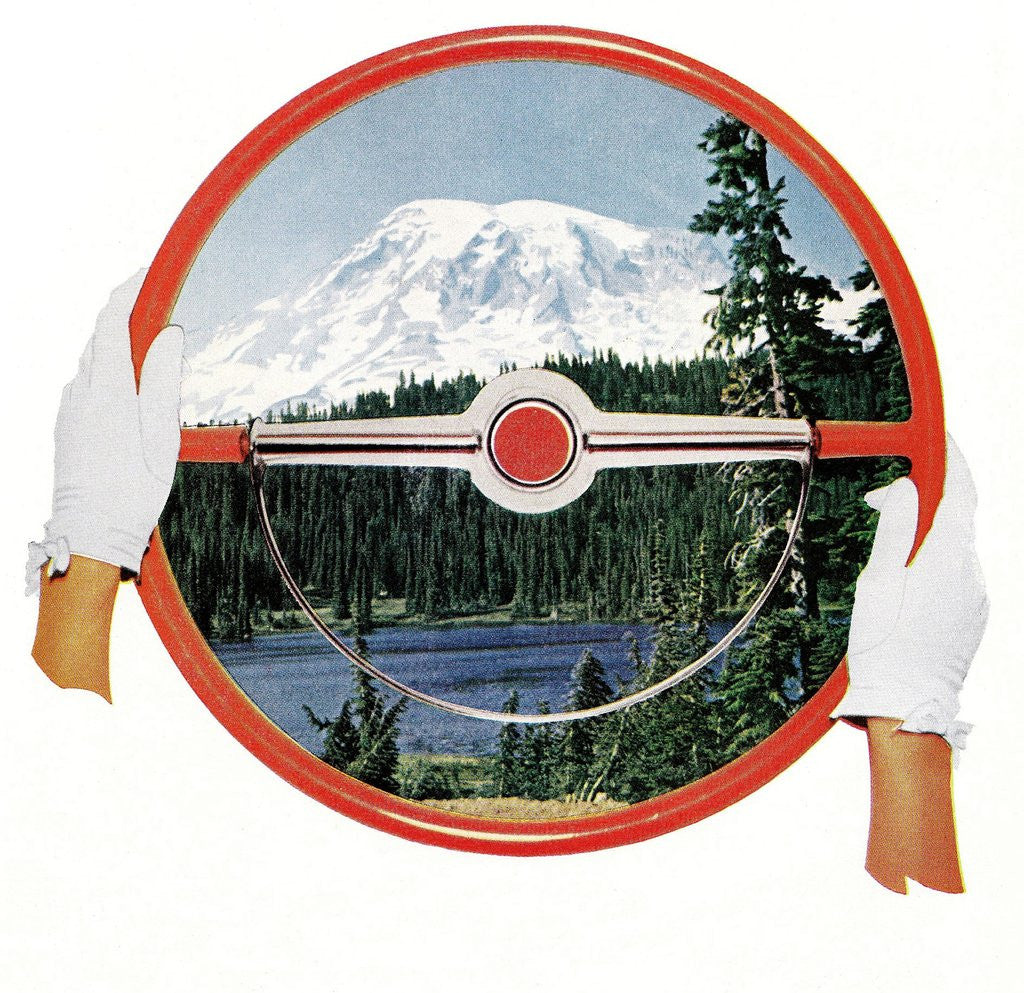 Detail of Steering wheel with image of woods and snow-covered mountain by Anonymous