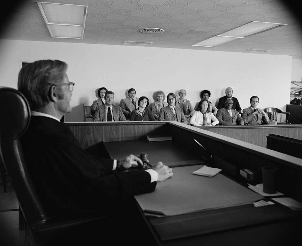 Detail of Judge addressing jury in courtroom by Anonymous