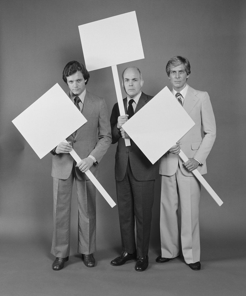 Detail of Trio of businessmen carrying blank signs by Anonymous