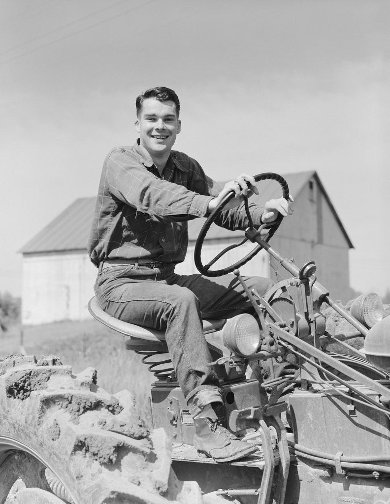 Detail of Smiling man farmer driving tractor by Anonymous