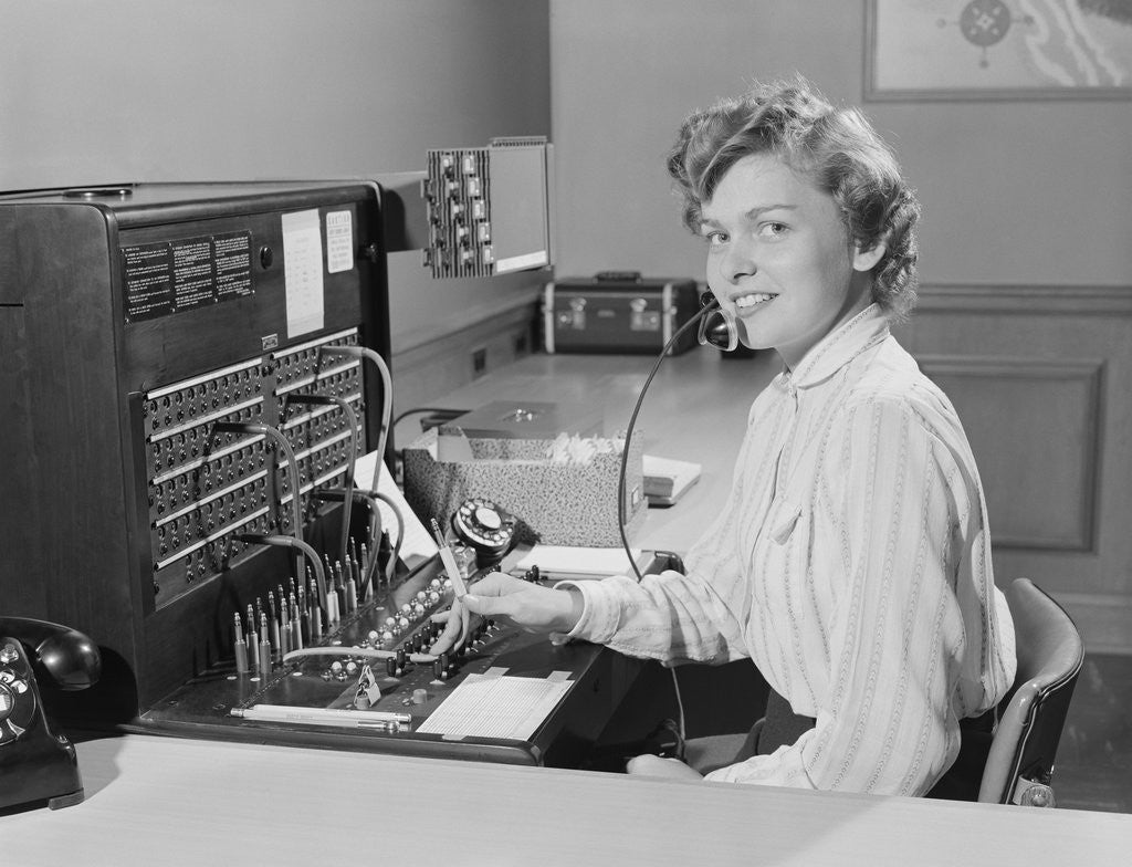 Detail of Smiling woman office telephone switchboard operator by Anonymous
