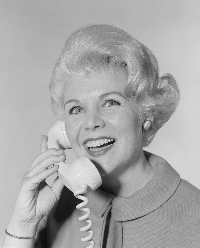 Detail of Portrait smiling stylish woman talking on telephone by Anonymous