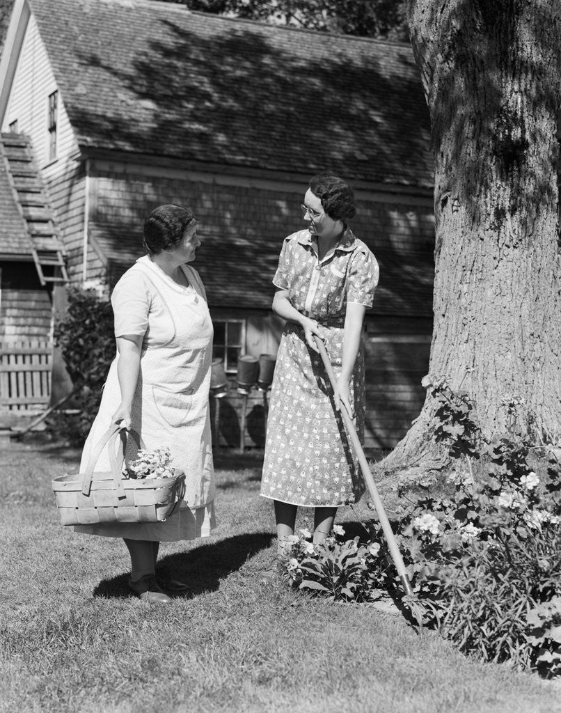 Detail of Two women talking in yard one holding garden hoe the other holds basket with flowers by Anonymous