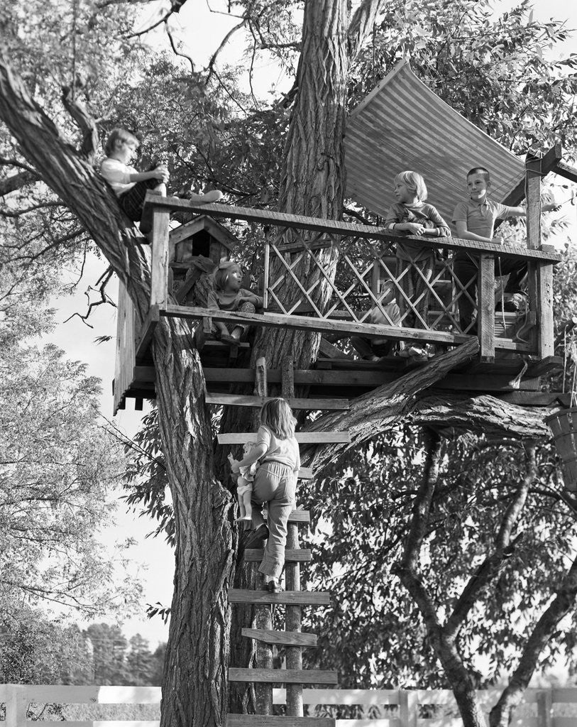 Detail of Kids playing in tree house by Anonymous