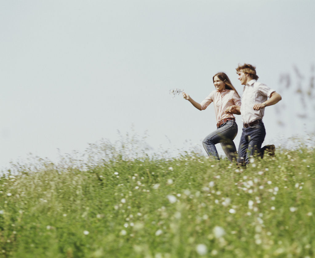 Detail of Young teen couple boy girl running field wildflowers by Anonymous