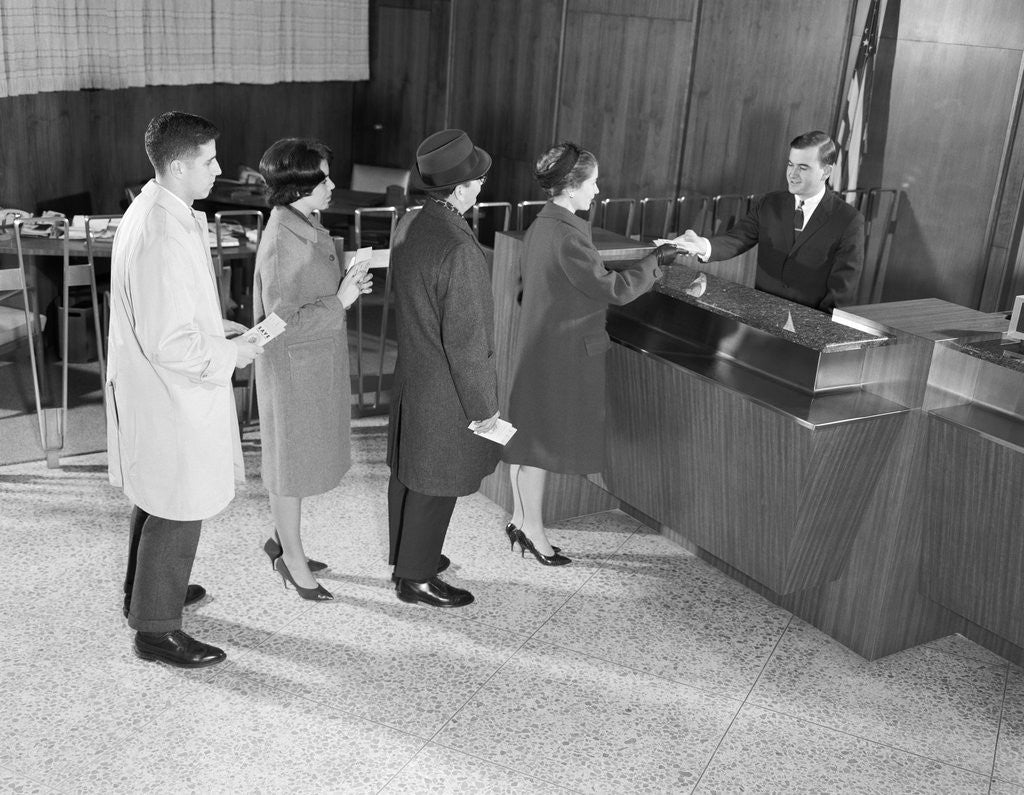 Detail of People waiting in line for bank teller by Anonymous