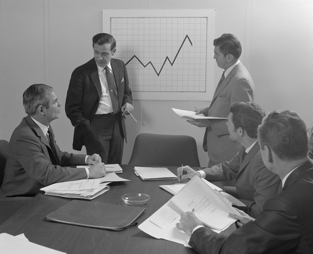 Detail of 5 executive businessmen meeting with sales chart graphic by Anonymous