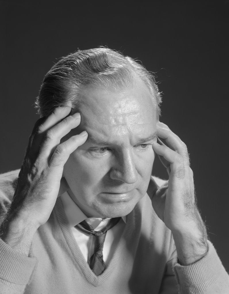 Detail of Older man with hands holding head temples by Anonymous