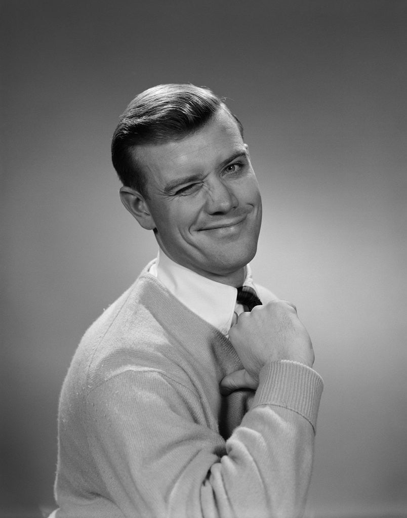 Detail of Smiling young man winking right eye and pointing proudly to himself by Anonymous