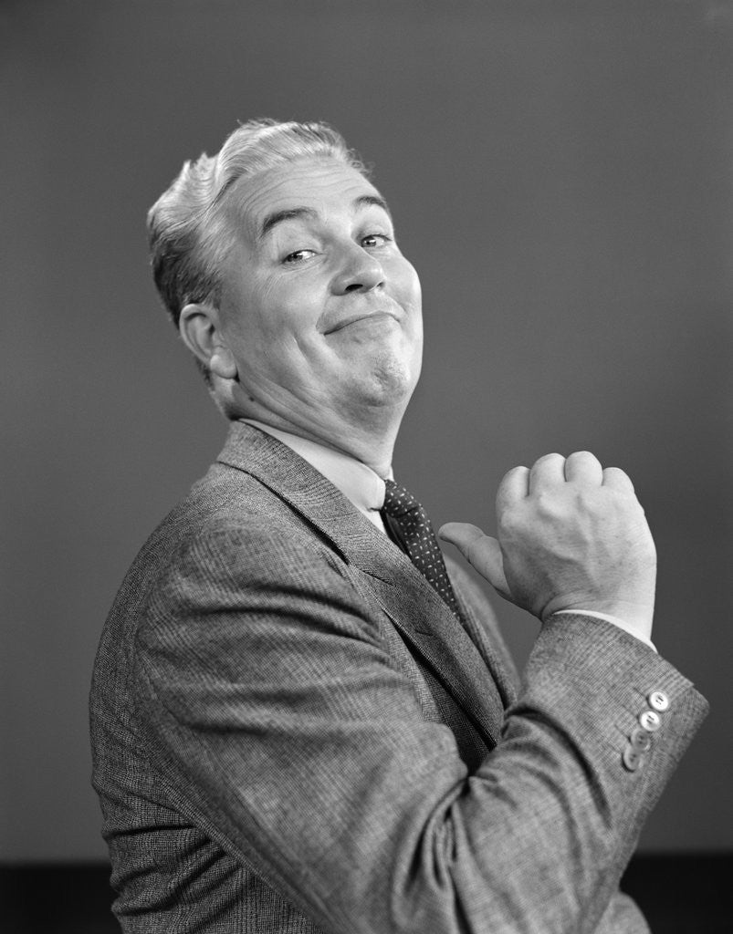 Detail of Man smiling proud pointing to himself with his thumb by Anonymous
