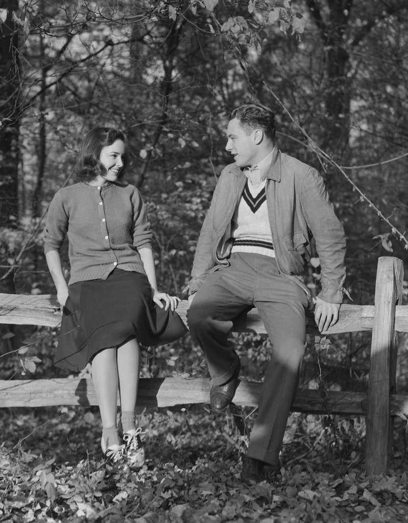 Detail of Young couple sitting on fence autumn smiling at one another by Corbis