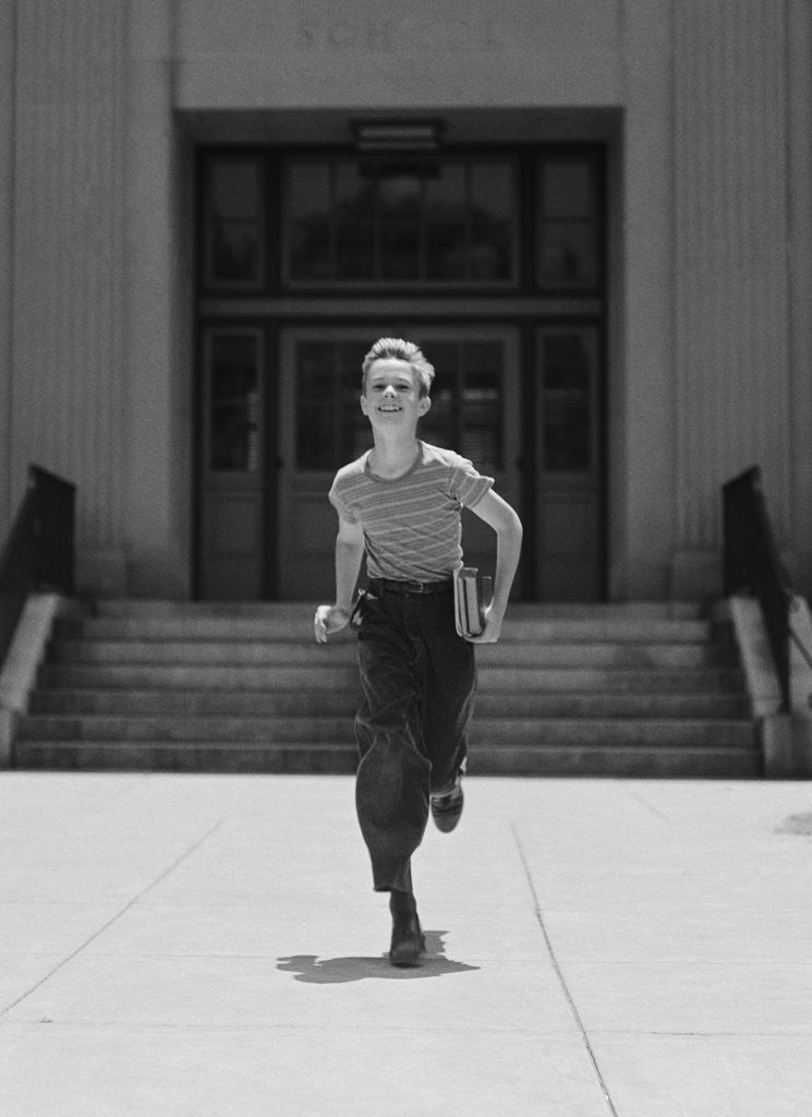 Detail of Boy running from school carrying books by Anonymous
