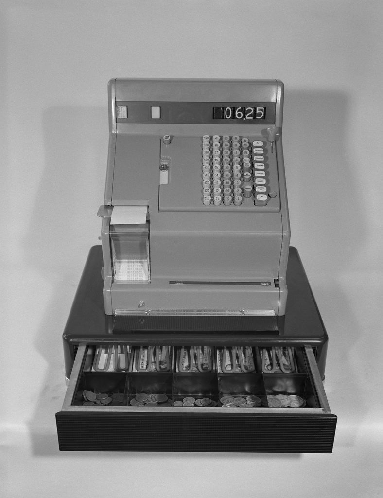 Detail of Cash register with money in the open till drawer by Anonymous