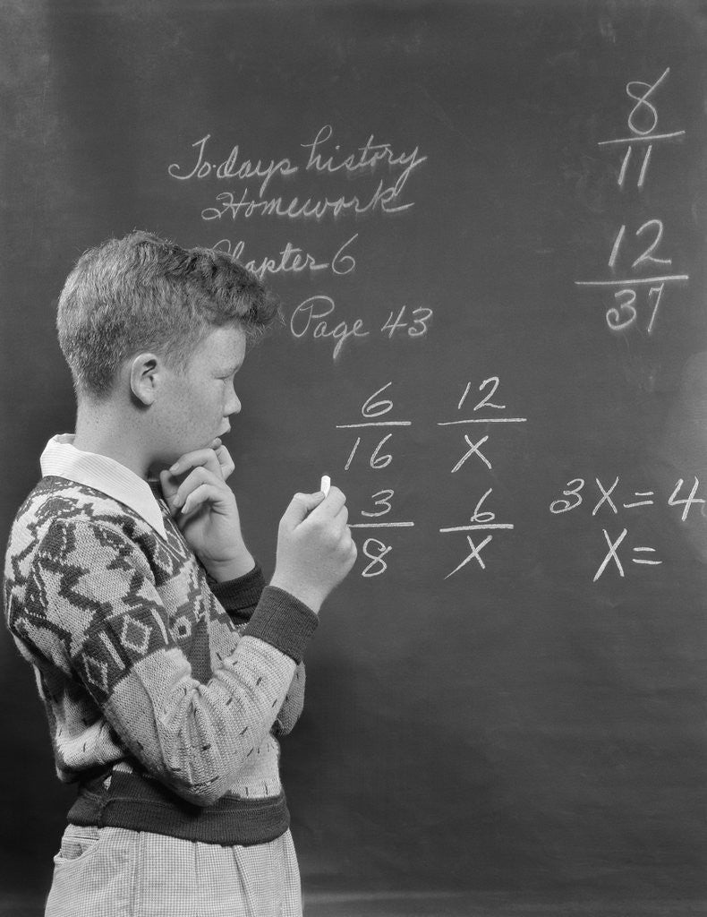 Detail of Boy at blackboard doing math multiplication problem by Anonymous