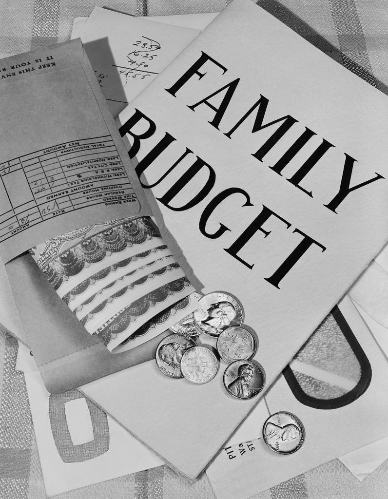 Detail of Still life family budget money currency cash coins bills payroll envelope by Anonymous