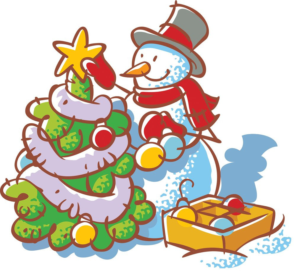 Detail of A snowman decorating a Christmas tree by Anonymous