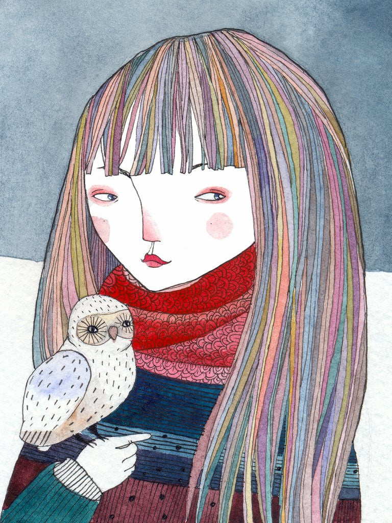 Detail of A girl with a small owl sitting on her hand by Anonymous