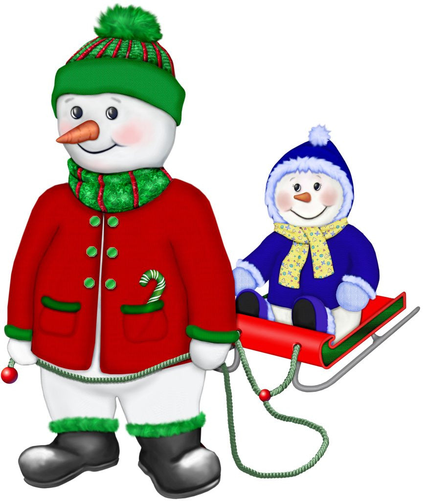 Detail of A well rugged up snowman with a child on his sled by Corbis