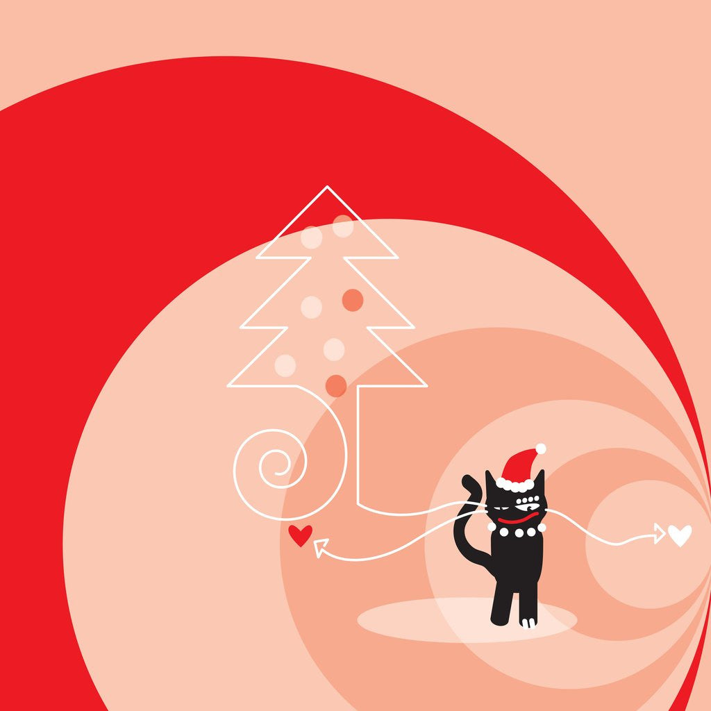 Detail of A black cat wearing a Santa hat, a Christmas tree and red and pink swirls by Anonymous