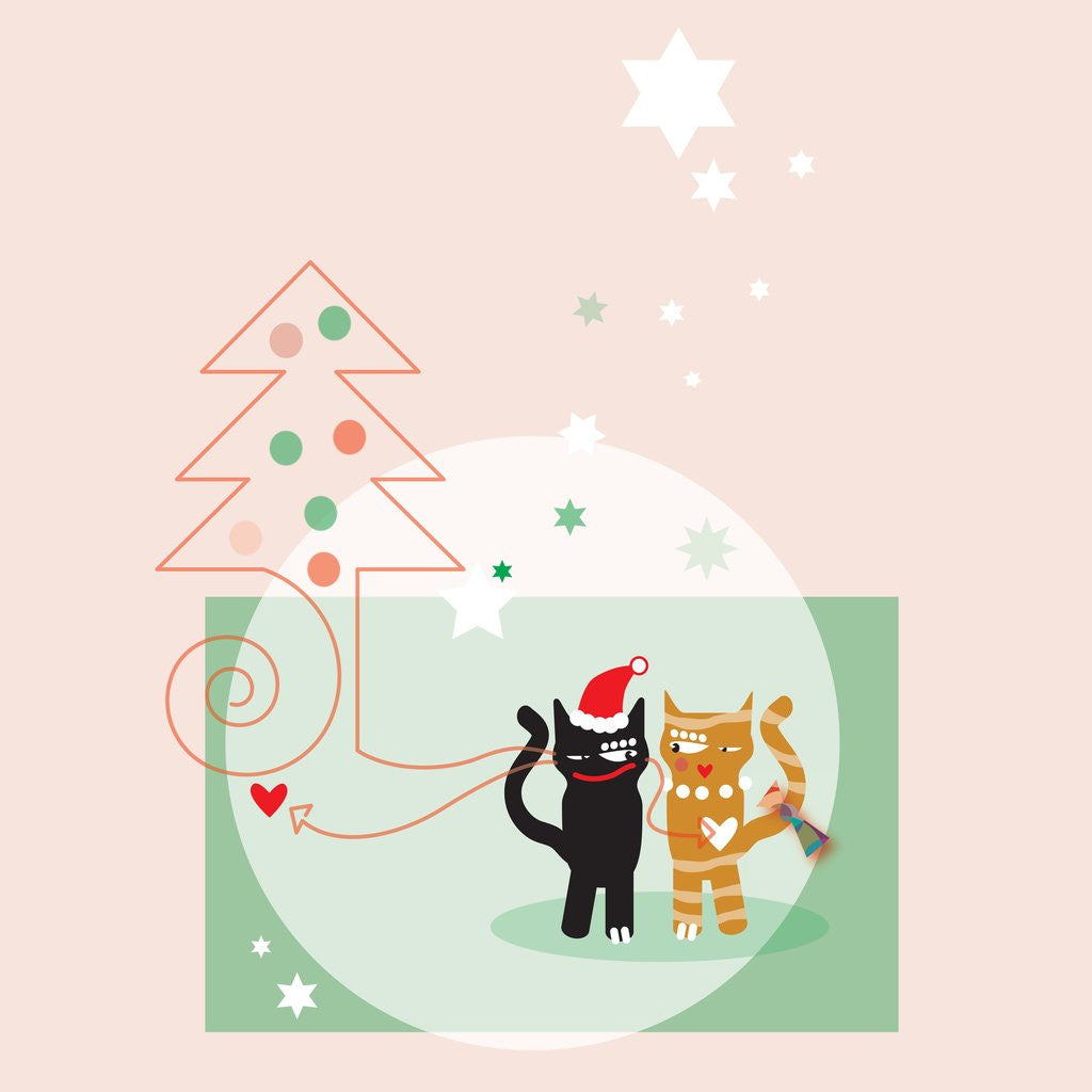Detail of Two cats next to a Christmas tree and stars on a pink background by Anonymous