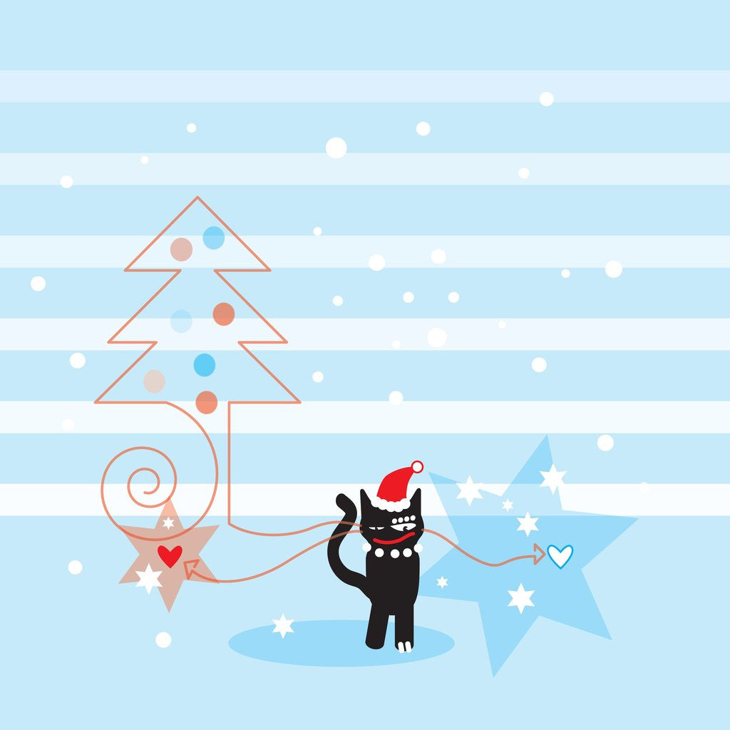 Detail of A black cat wearing a Santa hat next to a Christmas tree and stars by Corbis