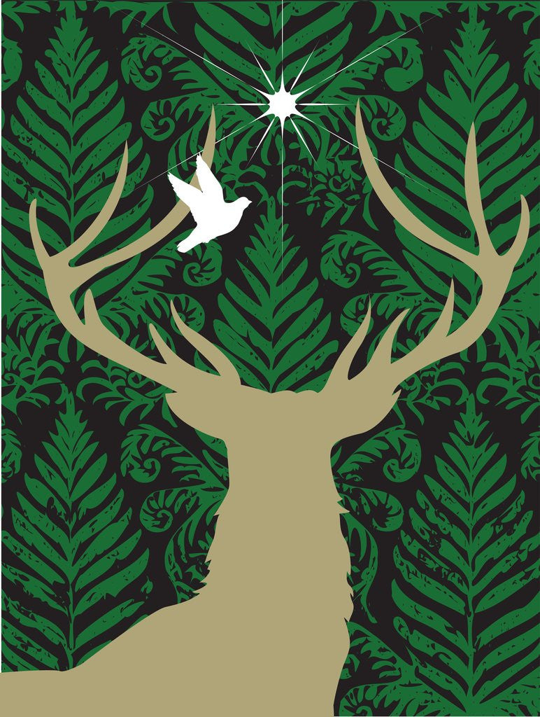 Detail of Silhouette of a deer, a dove and a star against a decorative background by Anonymous