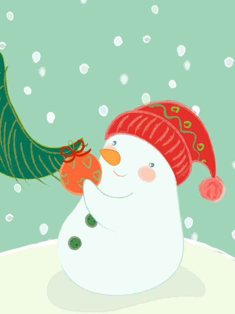 Detail of A snowman hanging an ornament on a tree by Anonymous