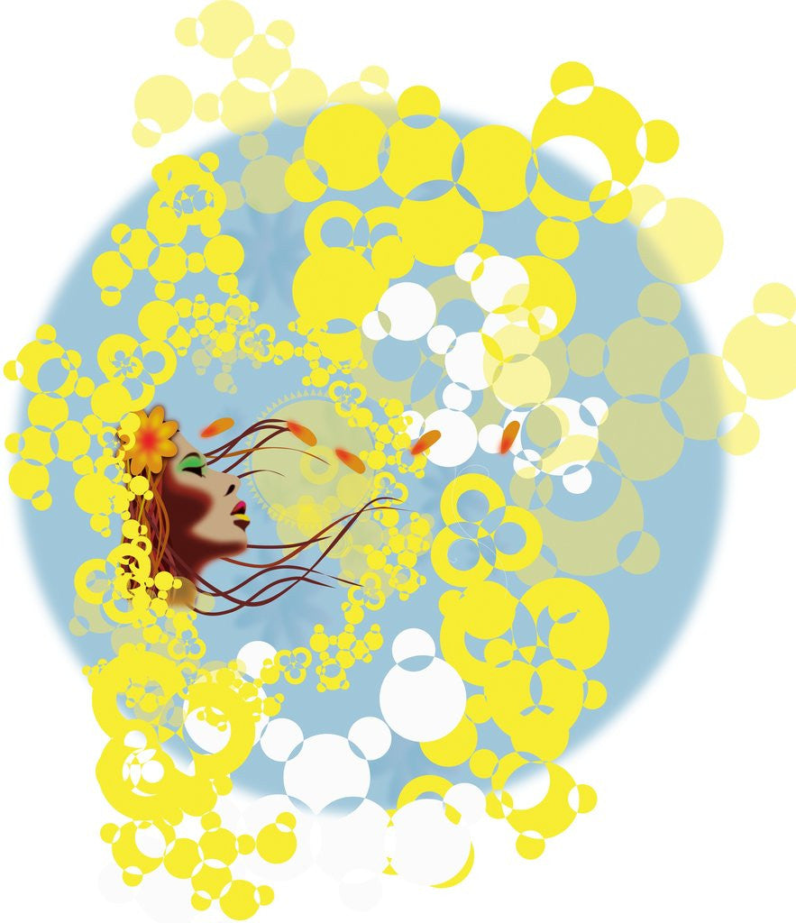 Detail of A woman with flower petals blowing with her hair by Anonymous