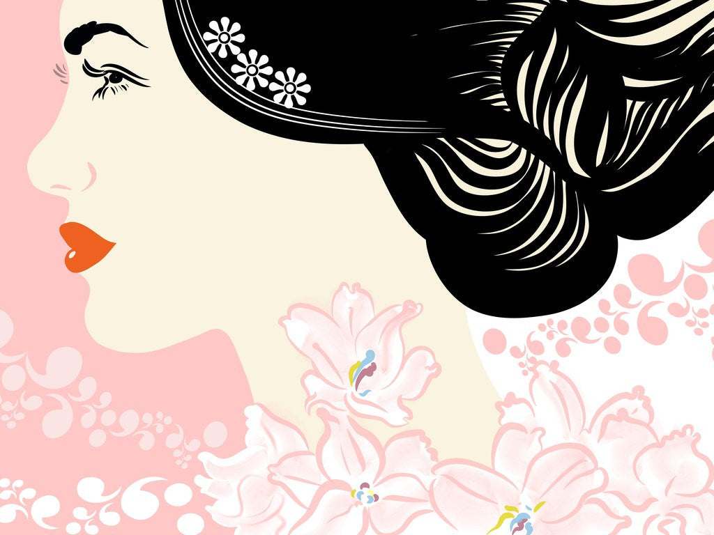 Detail of A womans profile surrounded by pink flowers by Anonymous