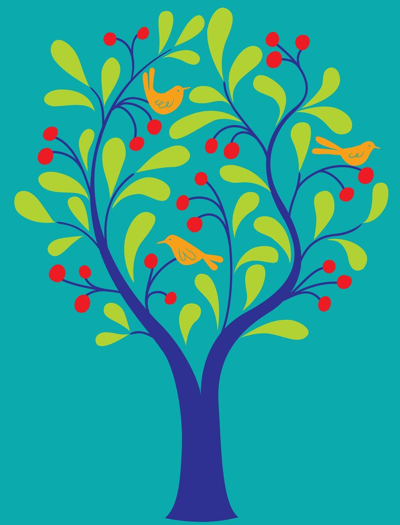 Detail of A fruit tree with birds in it on a turquoise background by Anonymous